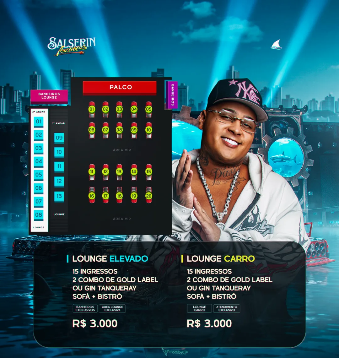 Arte oficial dos lounges: o palco, 20 lounges carro na área VIP, 13 lounges elevados no 1º e 2º andar, e o que cada pacote inclui.